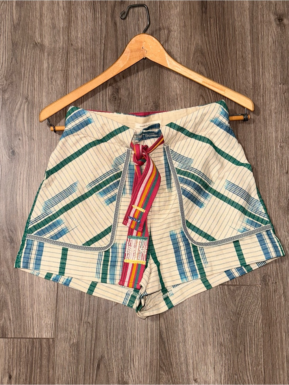 Cotton Shorts Green & Blue Stripes and Multicolor Waist Tie